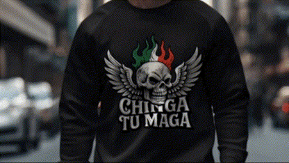 A person wearing a black sweatshirt with a graphic design featuring a skull with wings and the text "CHINGA TU MAGA" printed on it.