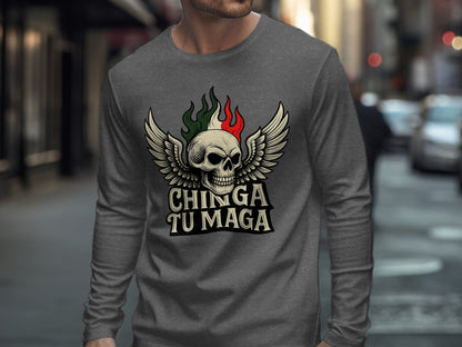 Chinga Tu Maga Skull Wings Grey Long Sleeve Shirt