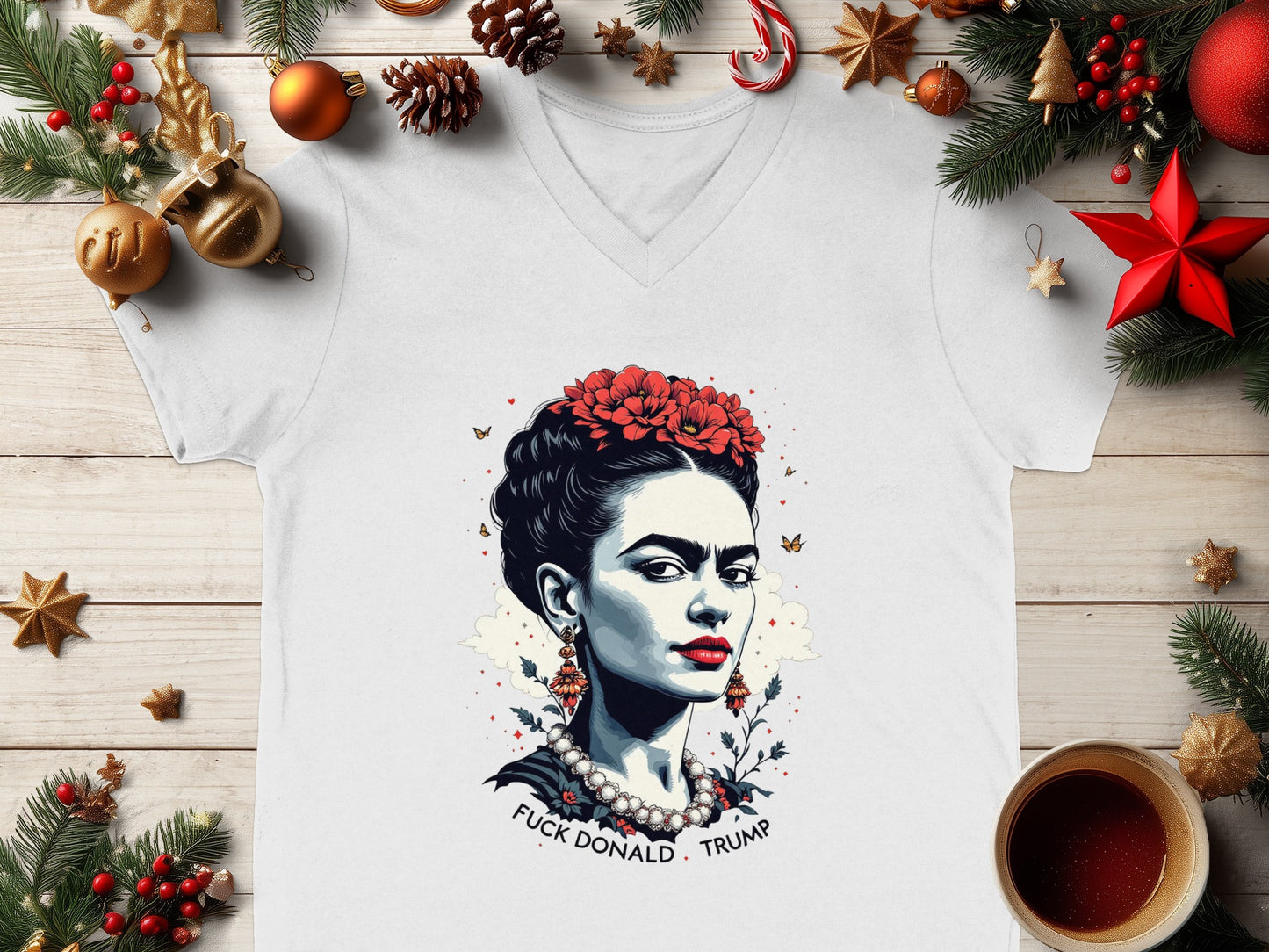 Artistic Frida Kahlo T-Shirt with Festive Elements