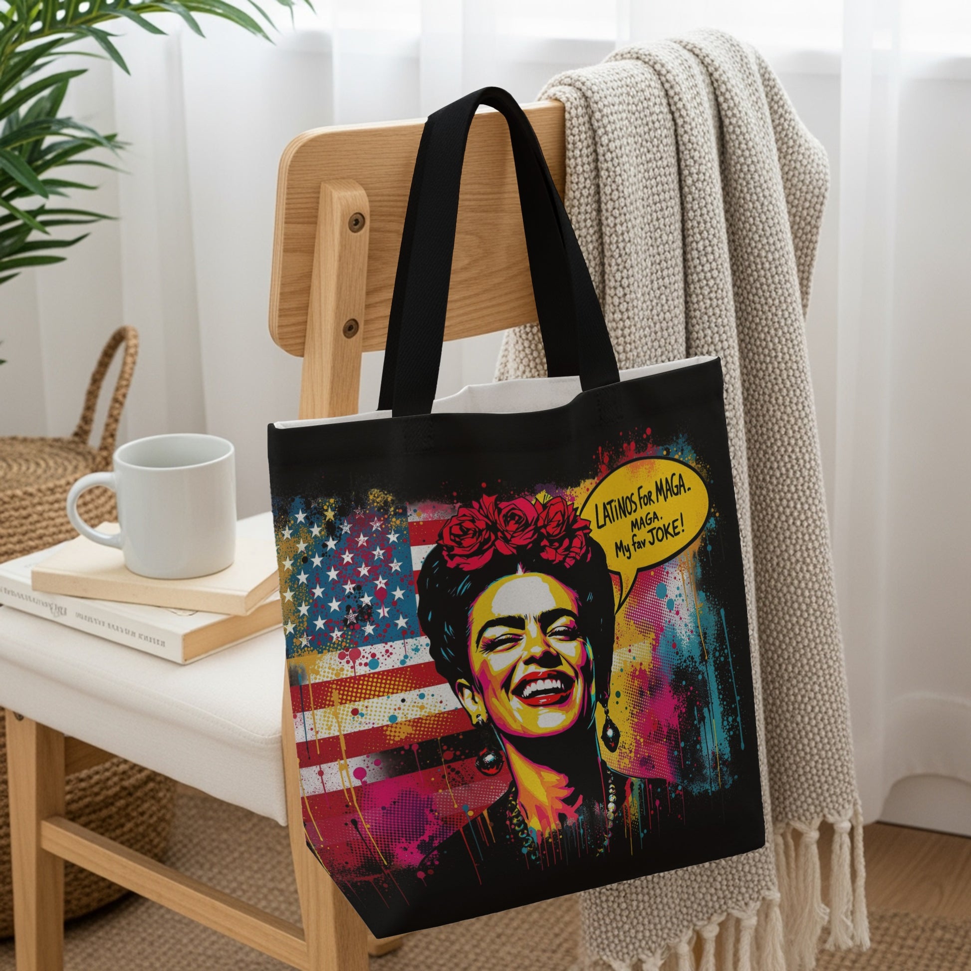 Tote bag with Frida Kahlo art, American flag, and "Latinas for maga!" text.