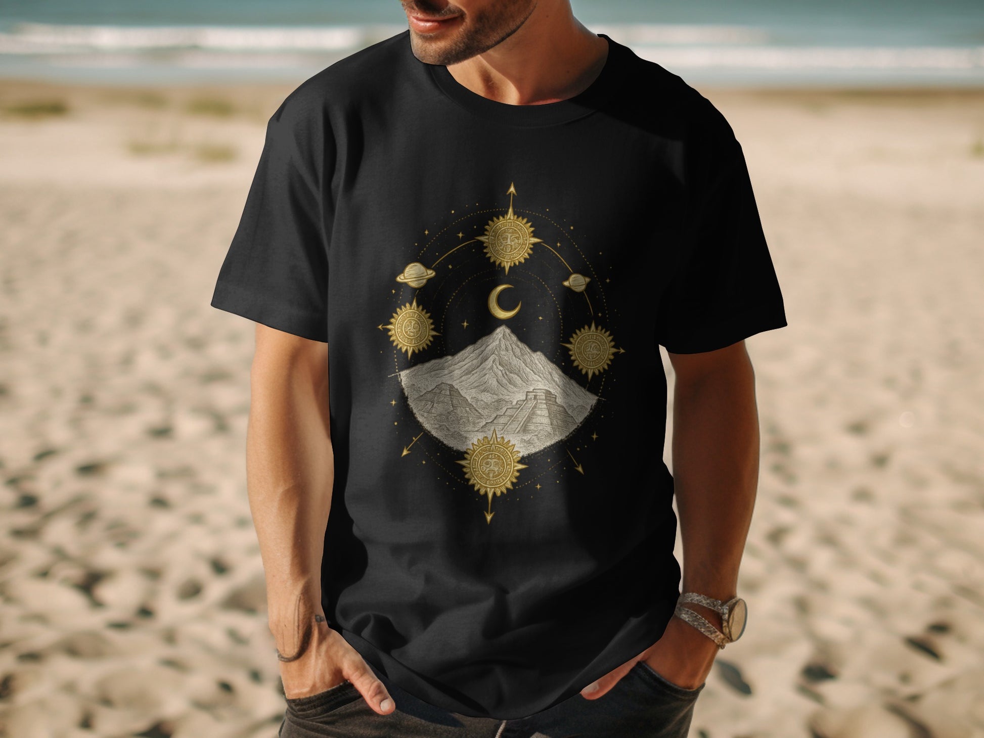 Celestial Mountain and Sun Design T-shirt product