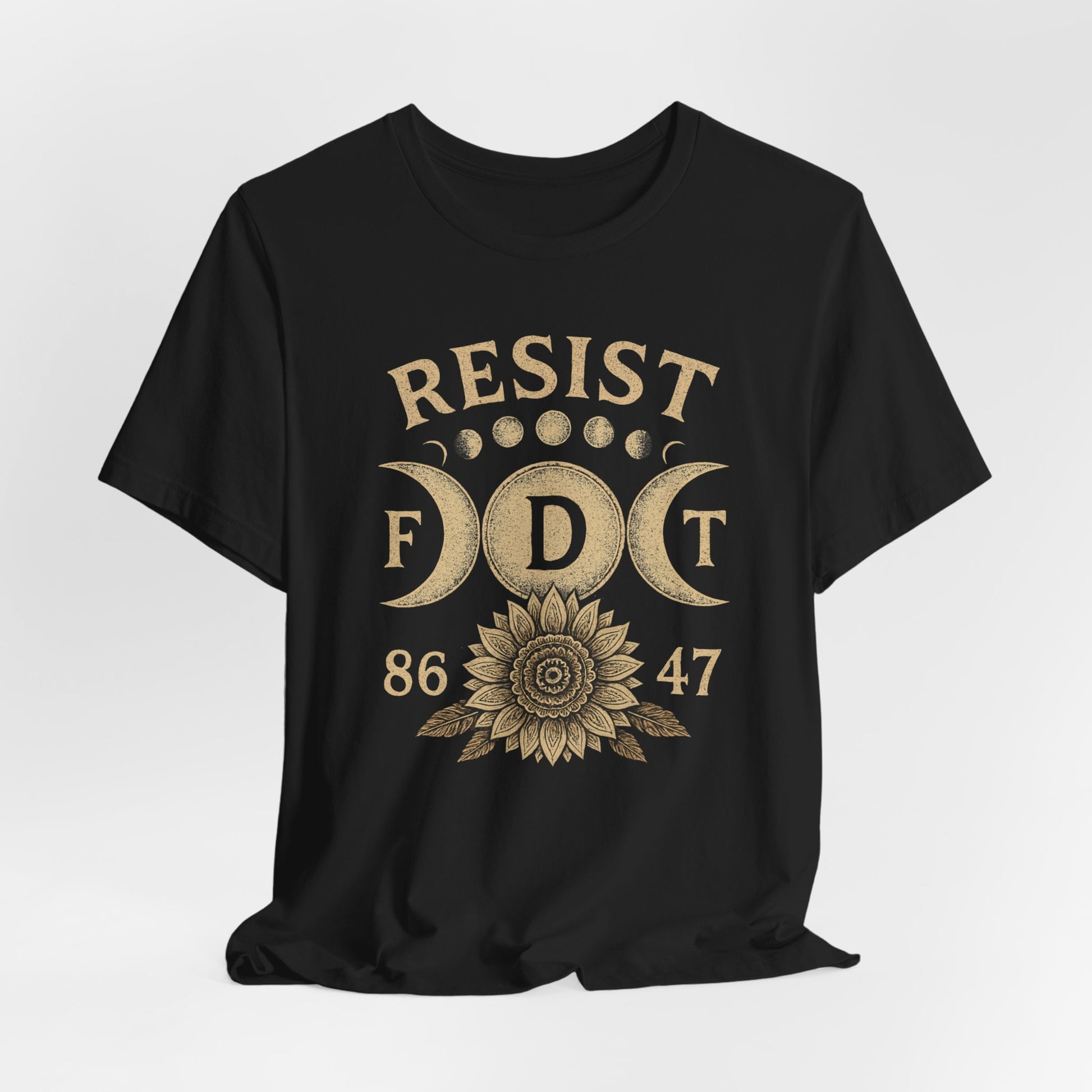 Black t-shirt with "RESIST FDT 86 47" and a sunflower graphic.