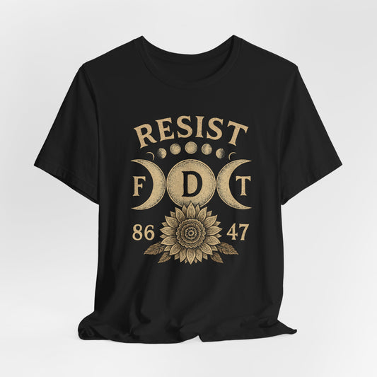 Black t-shirt with "RESIST FDT 86 47" and a sunflower graphic.