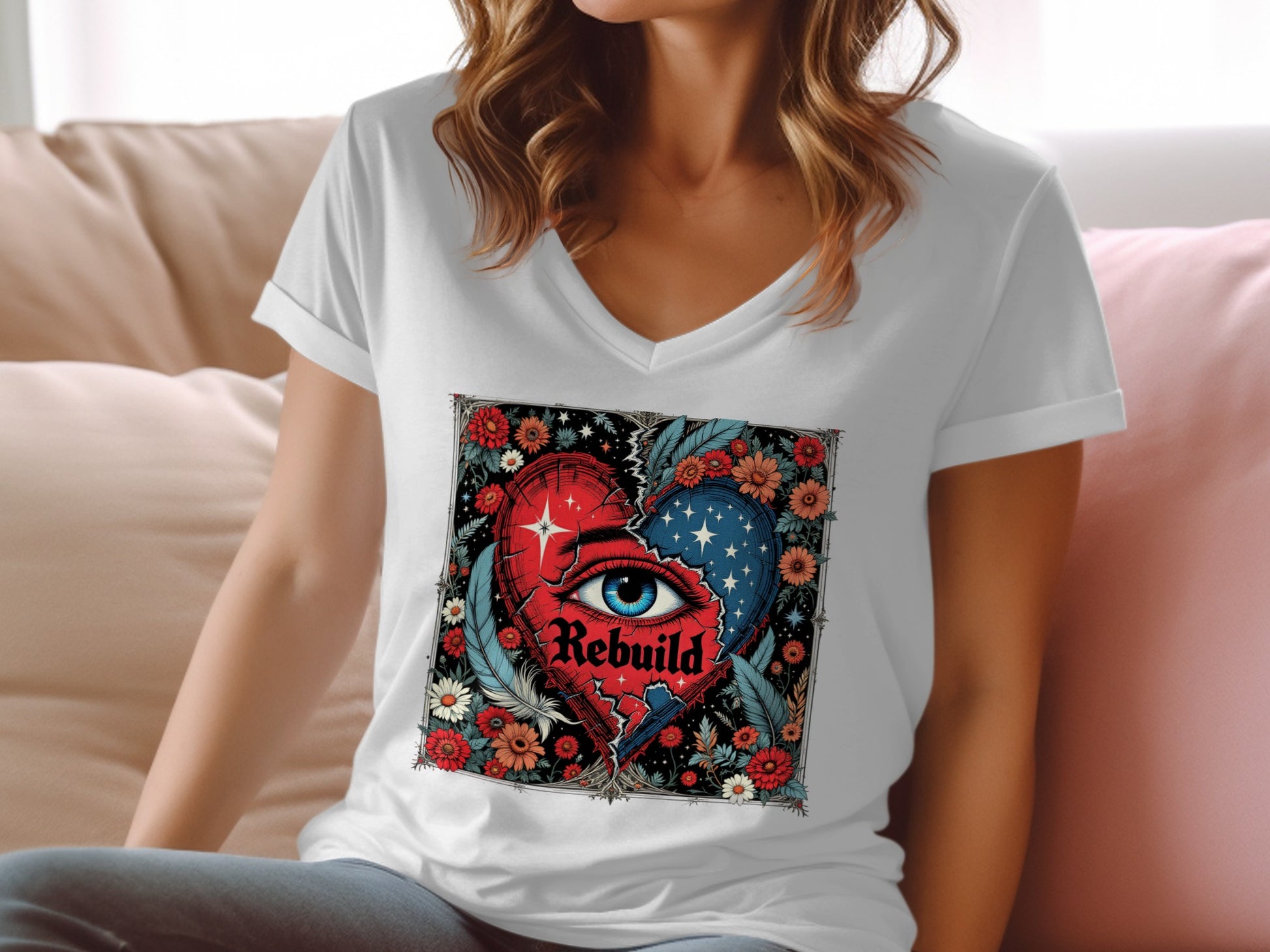 Heart Rebuild Eye Floral Printed White T-shirt product type