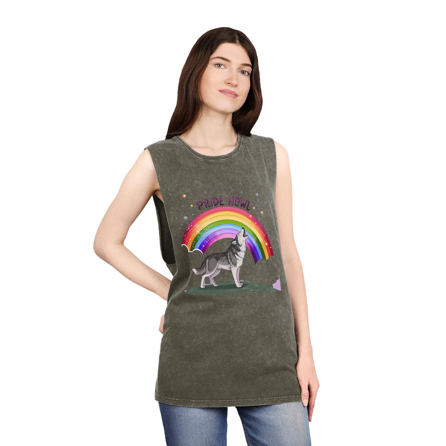 Pride Howl Unisex Stonewash Tank Top - Rainbow Husky Design