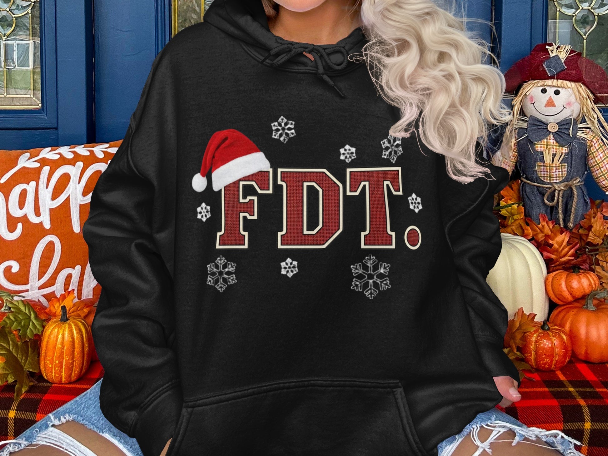 FDT Christmas Hoodie with Santa Hat and Snowflakes Design