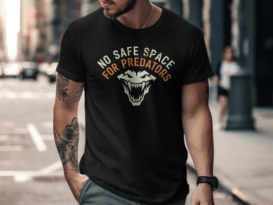 Black t-shirt with orange text "NO SAFE SPACE FOR PREDATORS" and a white fanged mouth logo.