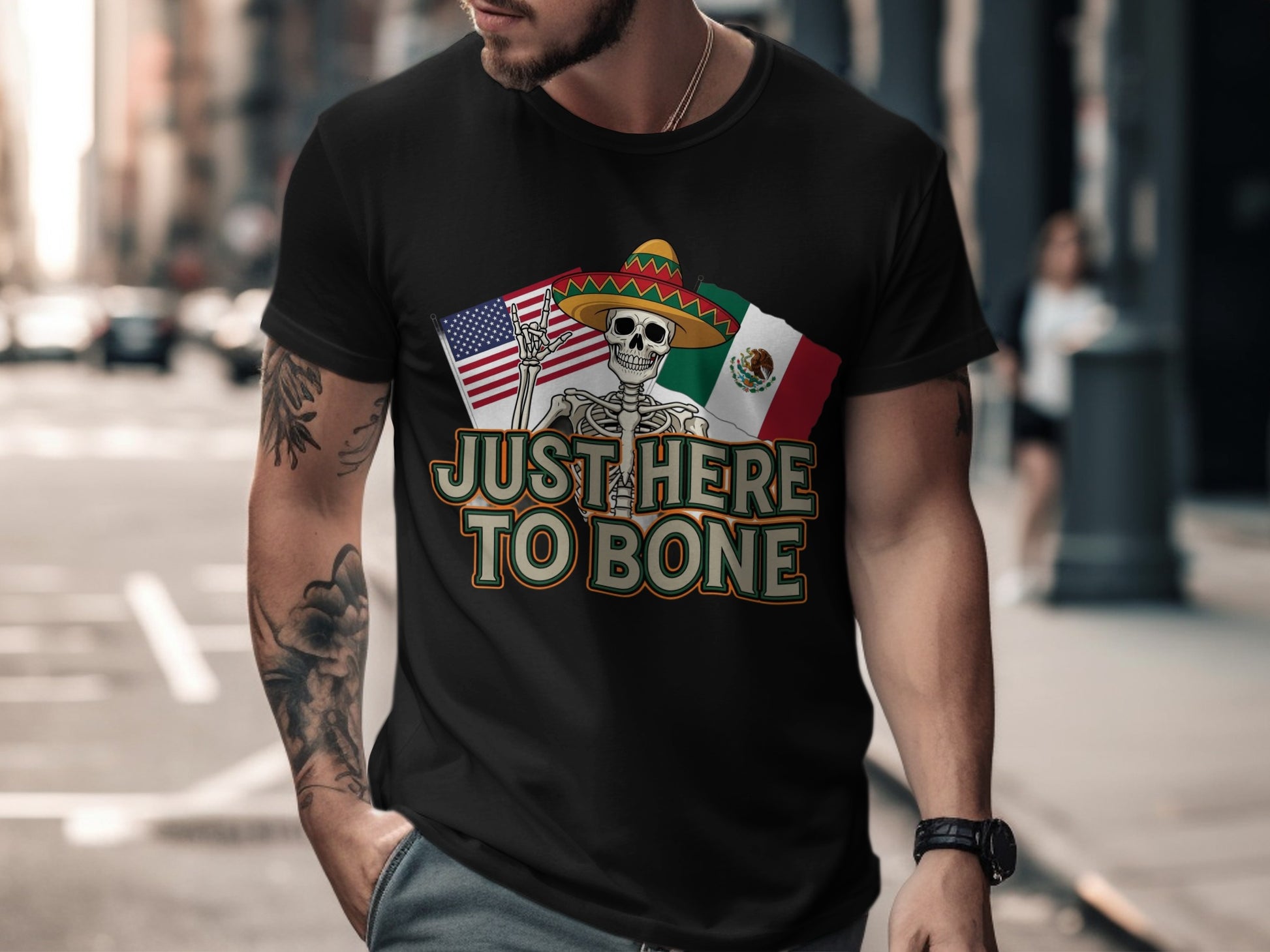 Just Here to Bone Skeleton Mexican American T-Shirt product