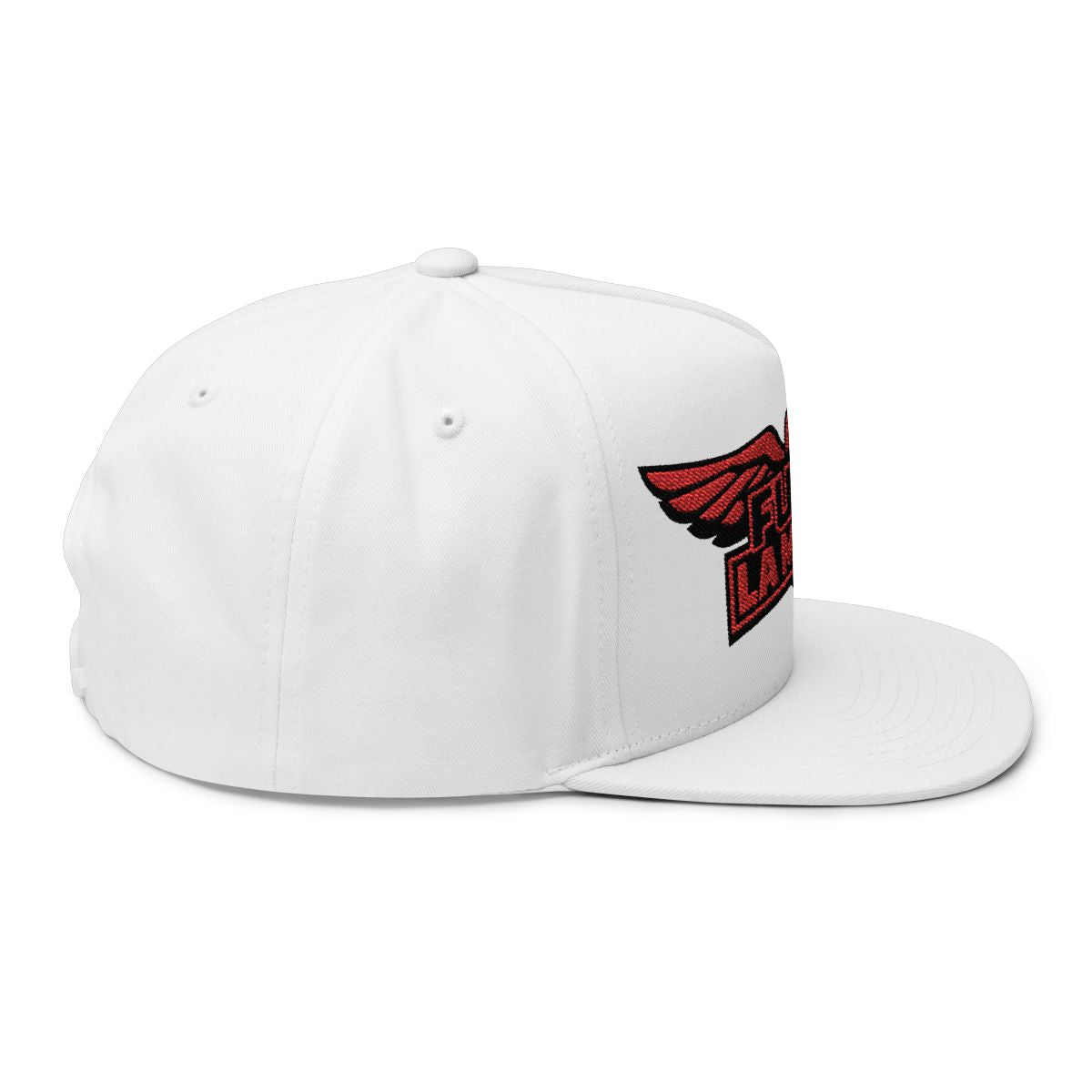 Flat Brim White Cap with Red Winged Logo Design Hat