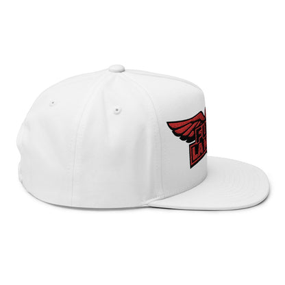 Flat Brim White Cap with Red Winged Logo Design Hat
