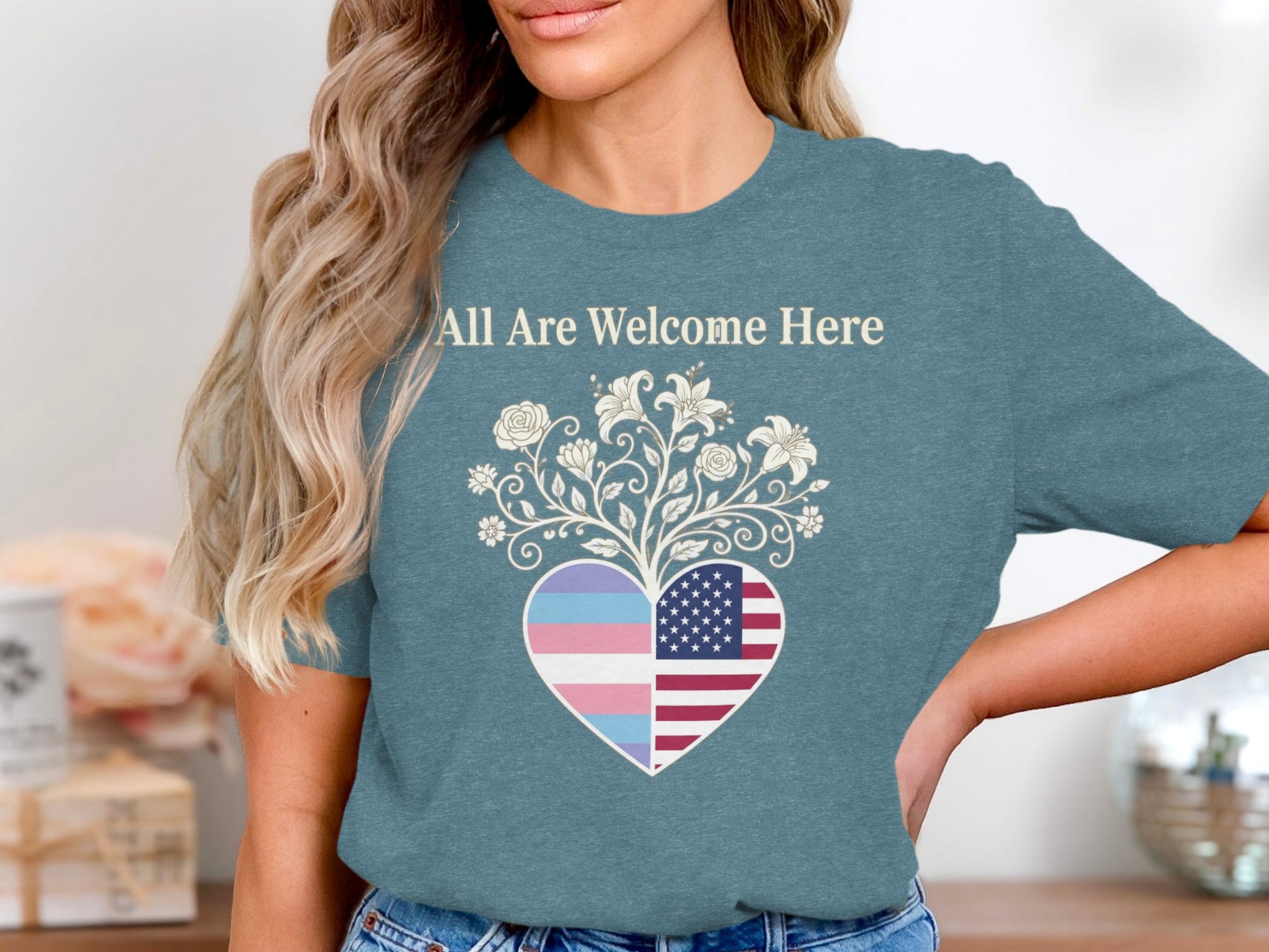 All Are Welcome Here Heart Design T-shirt product