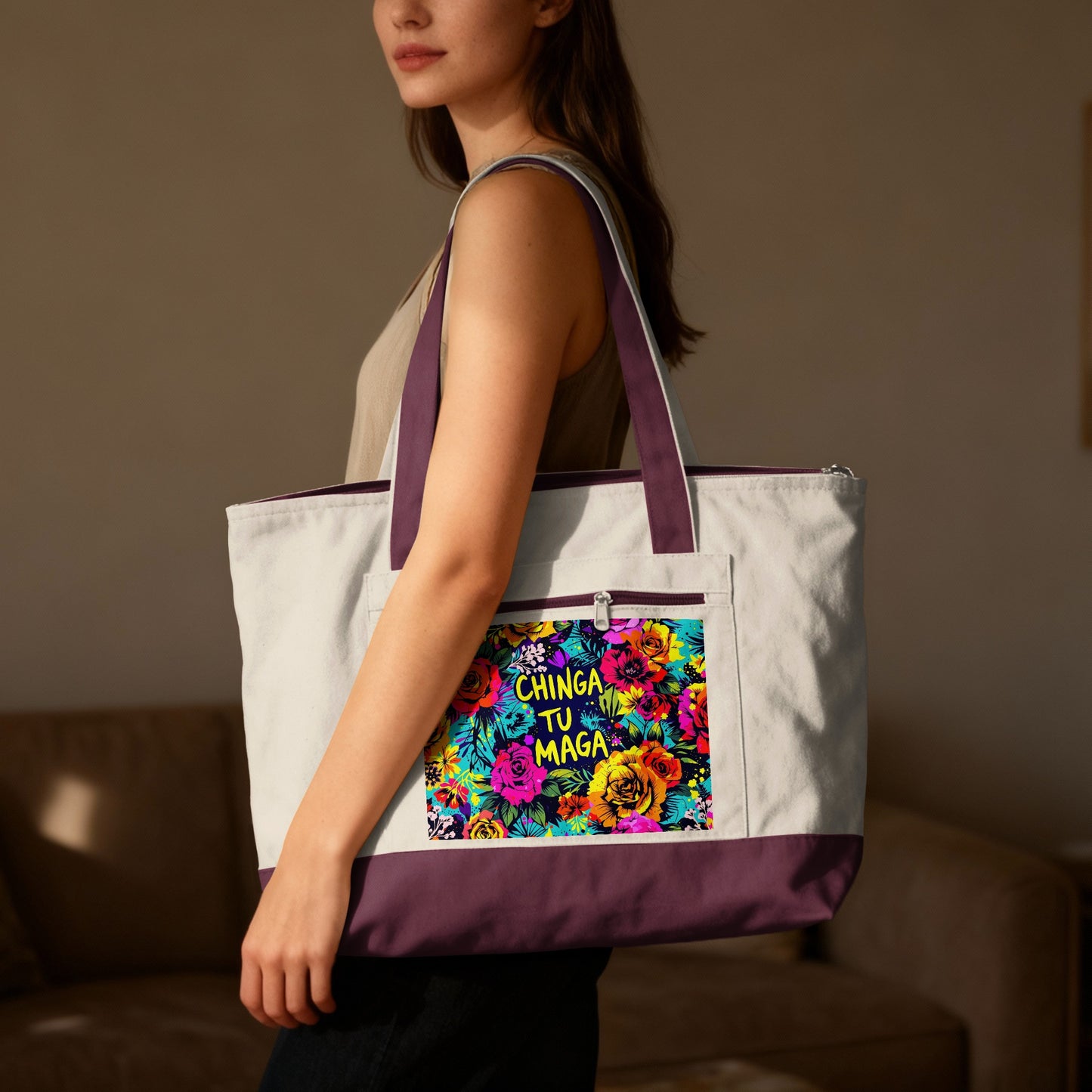 Tote bag with "CHINGA TU MAGA" floral design.