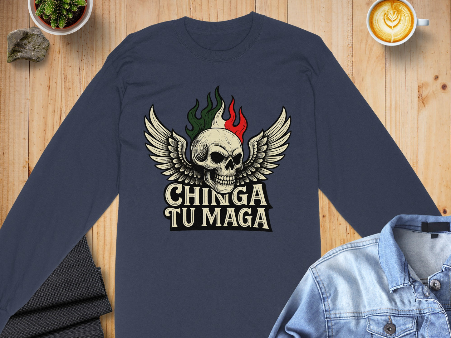 Chinga Tu Maga Graphic Skull Flame Long Sleeve Shirt