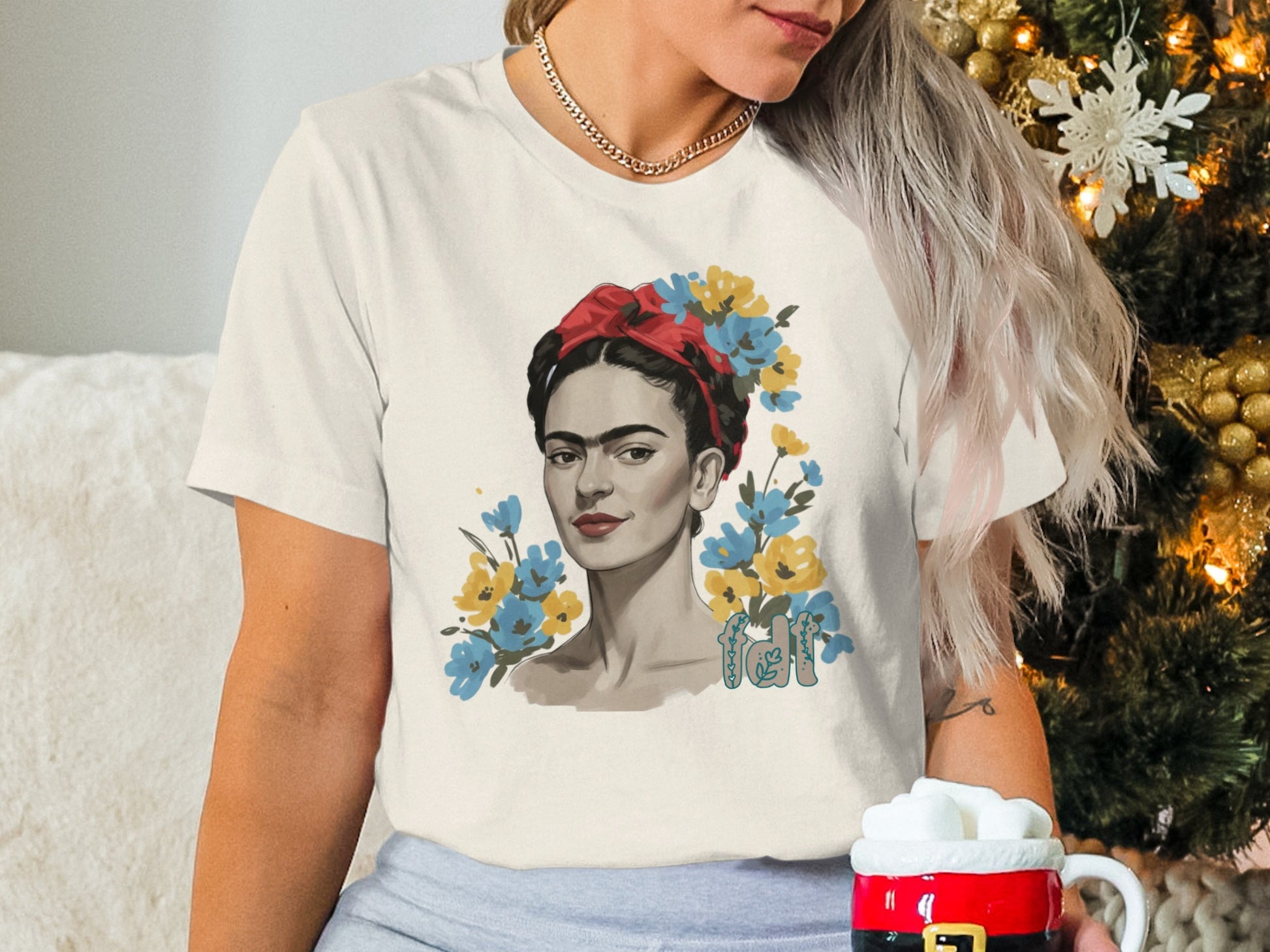 Frida Kahlo Art Flower Design White T-Shirt