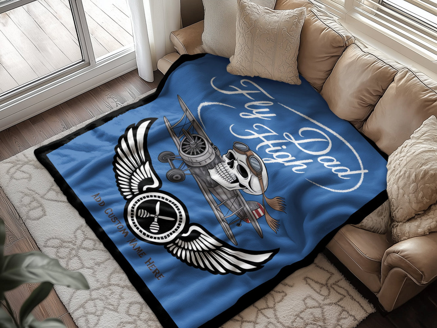 Fly Dad High Airplane Skull Customizable Blanket product