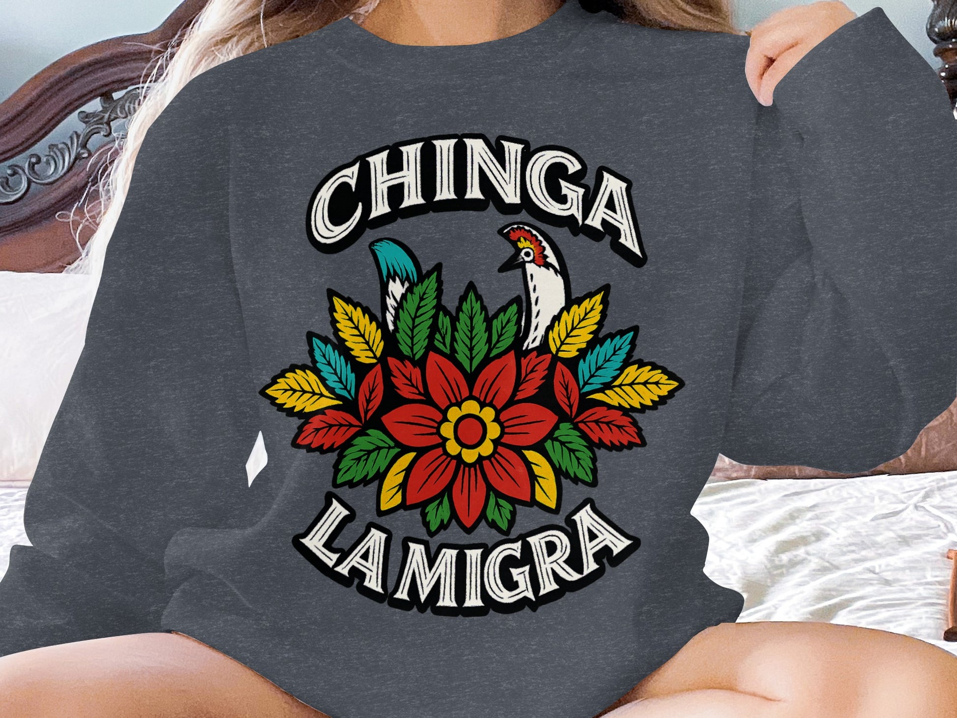 Chinga La Migra Colorful Floral Design Sweatshirt product type