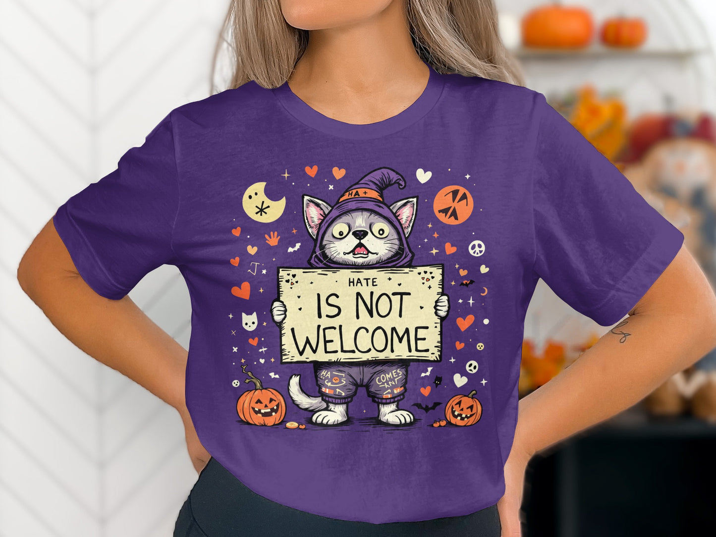 Hate Is Not Welcome Halloween Cat Graphic T-Shirt product