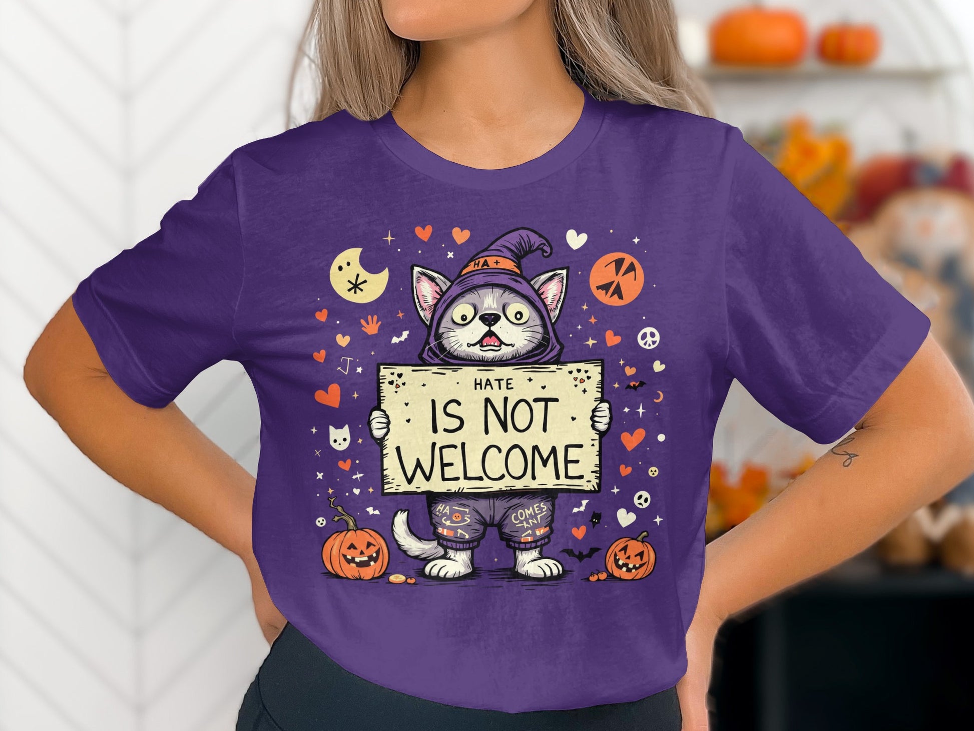 Hate Is Not Welcome Halloween Cat Graphic T-Shirt product
