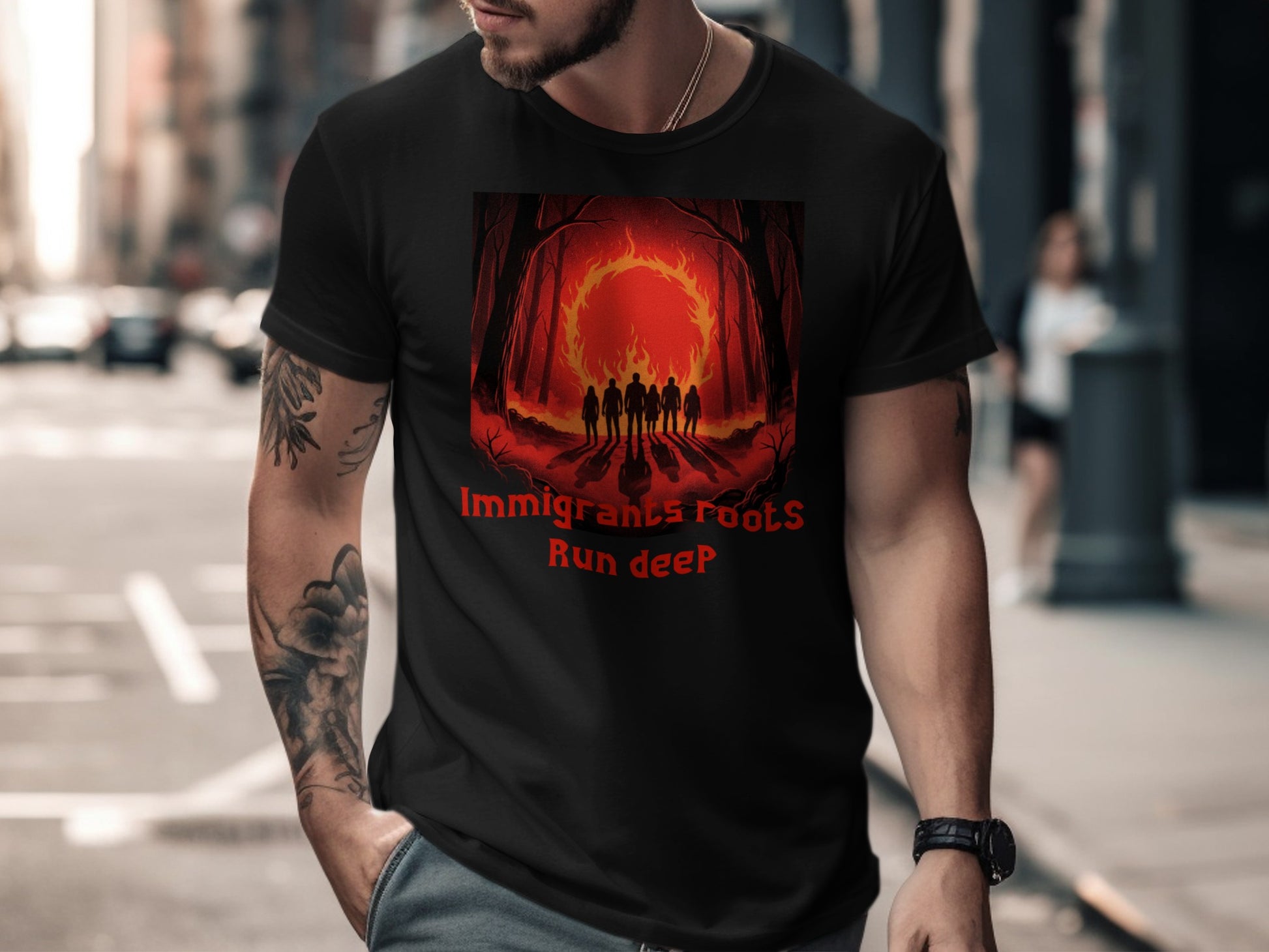 Black t-shirt with a forest fire graphic and text "Immigrants Roots Run Deep".