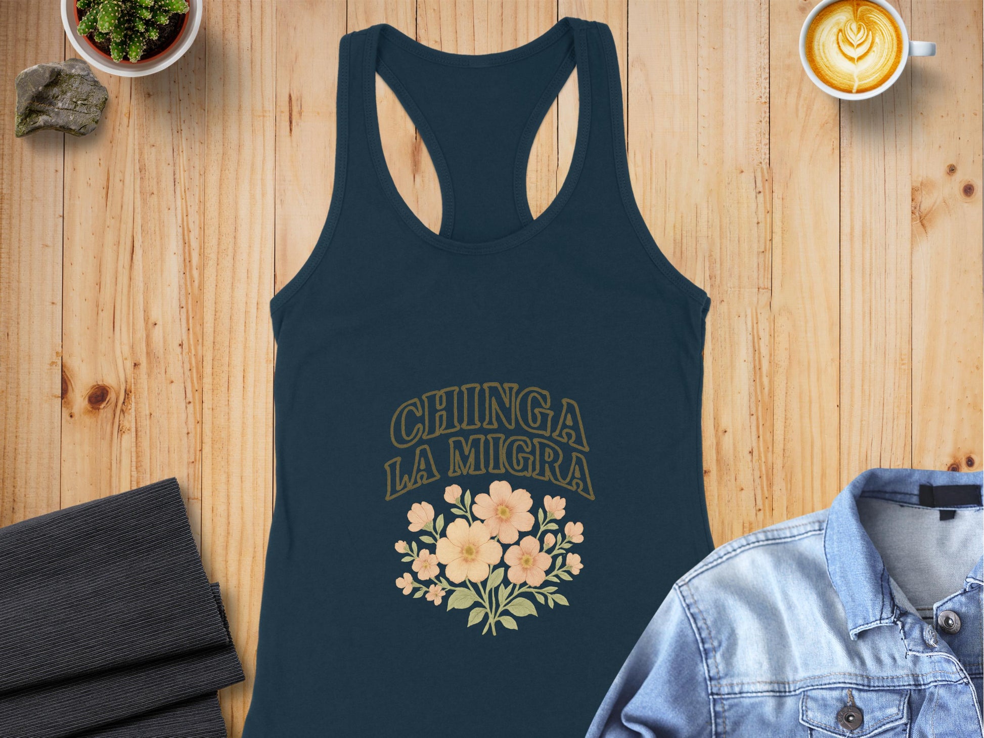 Chinga La Migra Floral Themed Green Tank Top Product
