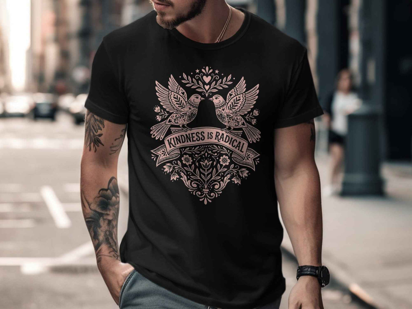 Kindness Is Radical T-Shirts, Empowering Folk Art Doves Design, Positive Message Floral Tee, Ornate Bird Lovers Graphic Top, Peace and Love