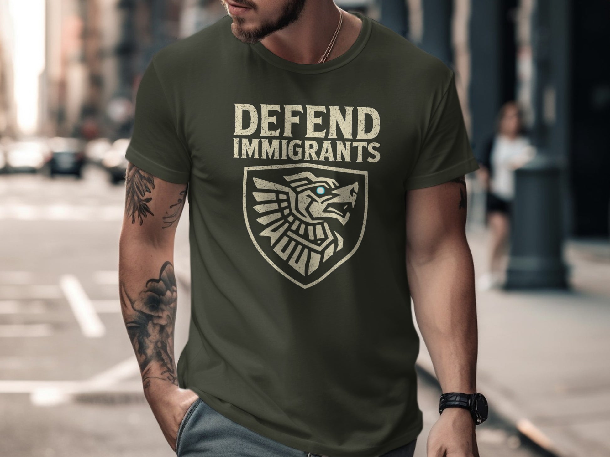Defend Immigrants Graphic Tee with Eagle Emblem