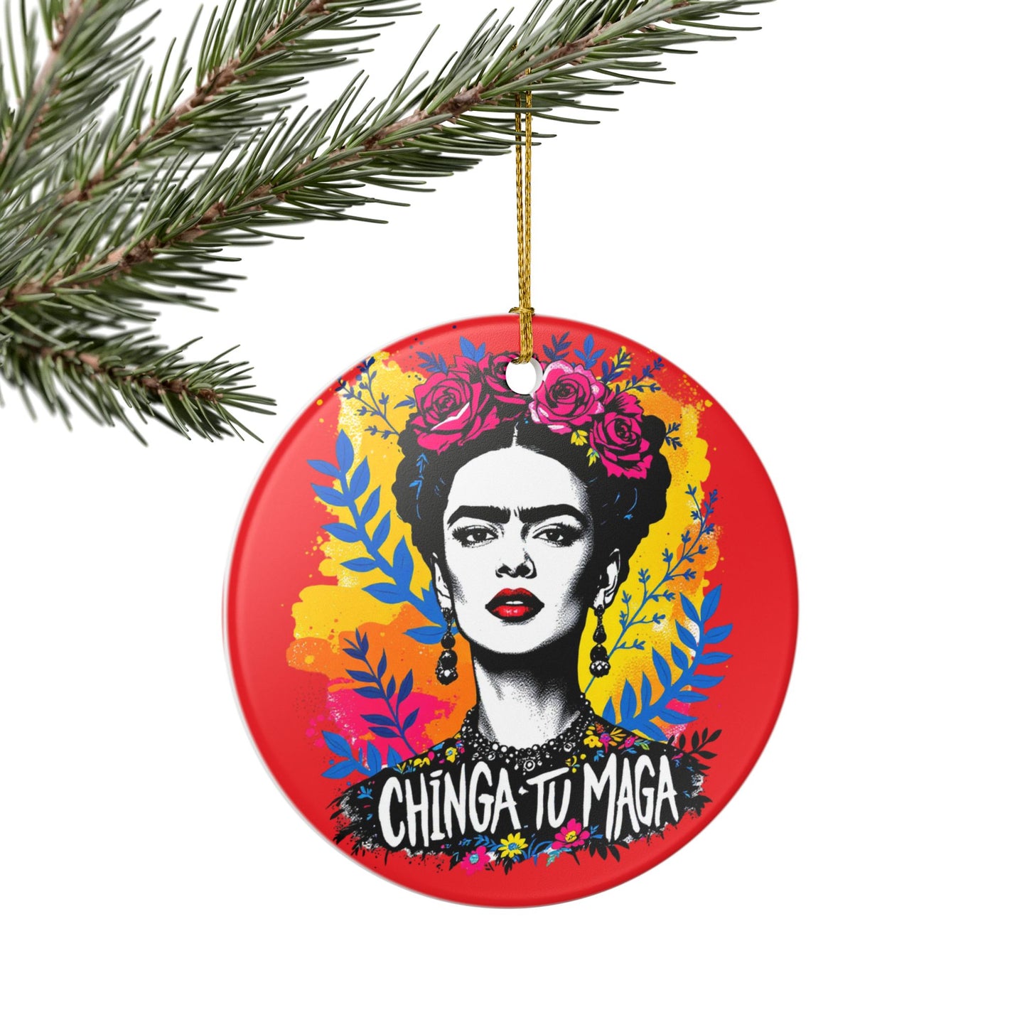 Frida Kahlo Ceramic Ornament — "Chinga Tu Maga" Decorative Holiday Accent