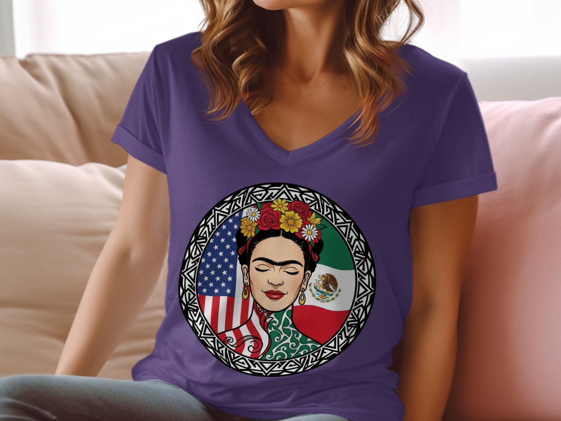Frida Art with USA and Mexico Flags Graphic Tee