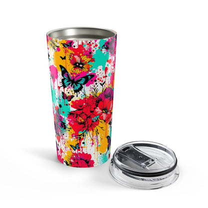 Vibrant Floral and Butterfly Print Travel Mug