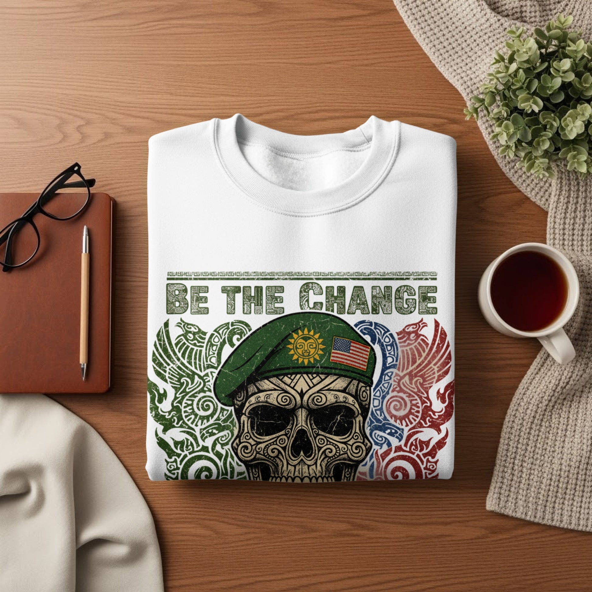 Be the Change Skull with Green Beret White Sweatshirt