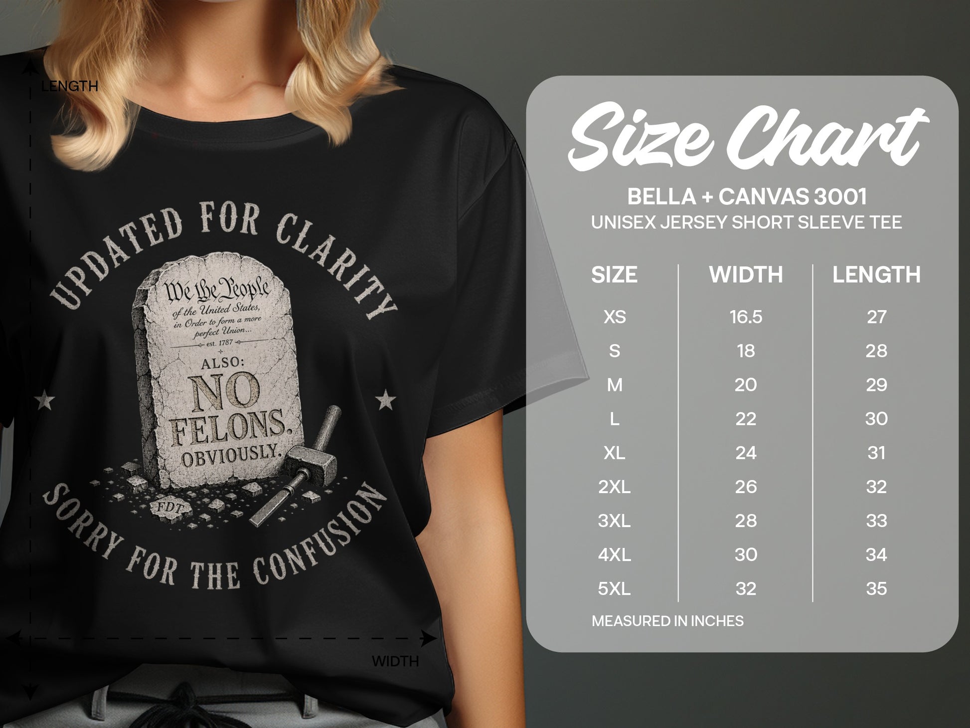 T-shirt with "UPDATED FOR CLARITY" and "NO FELONS" text, beside a size chart.