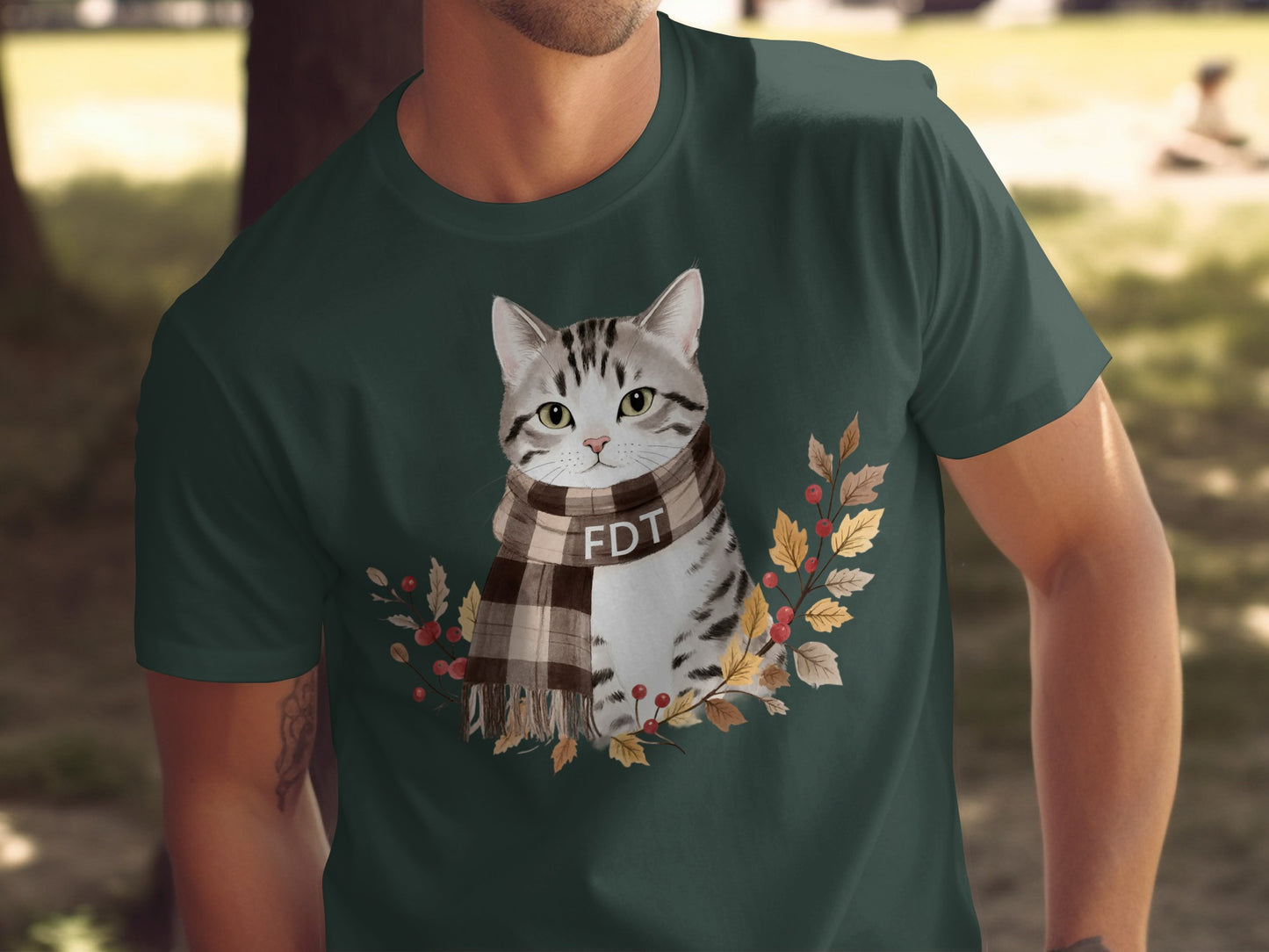 Festive Cat Wearing Scarf with Autumn Leaves Shirt