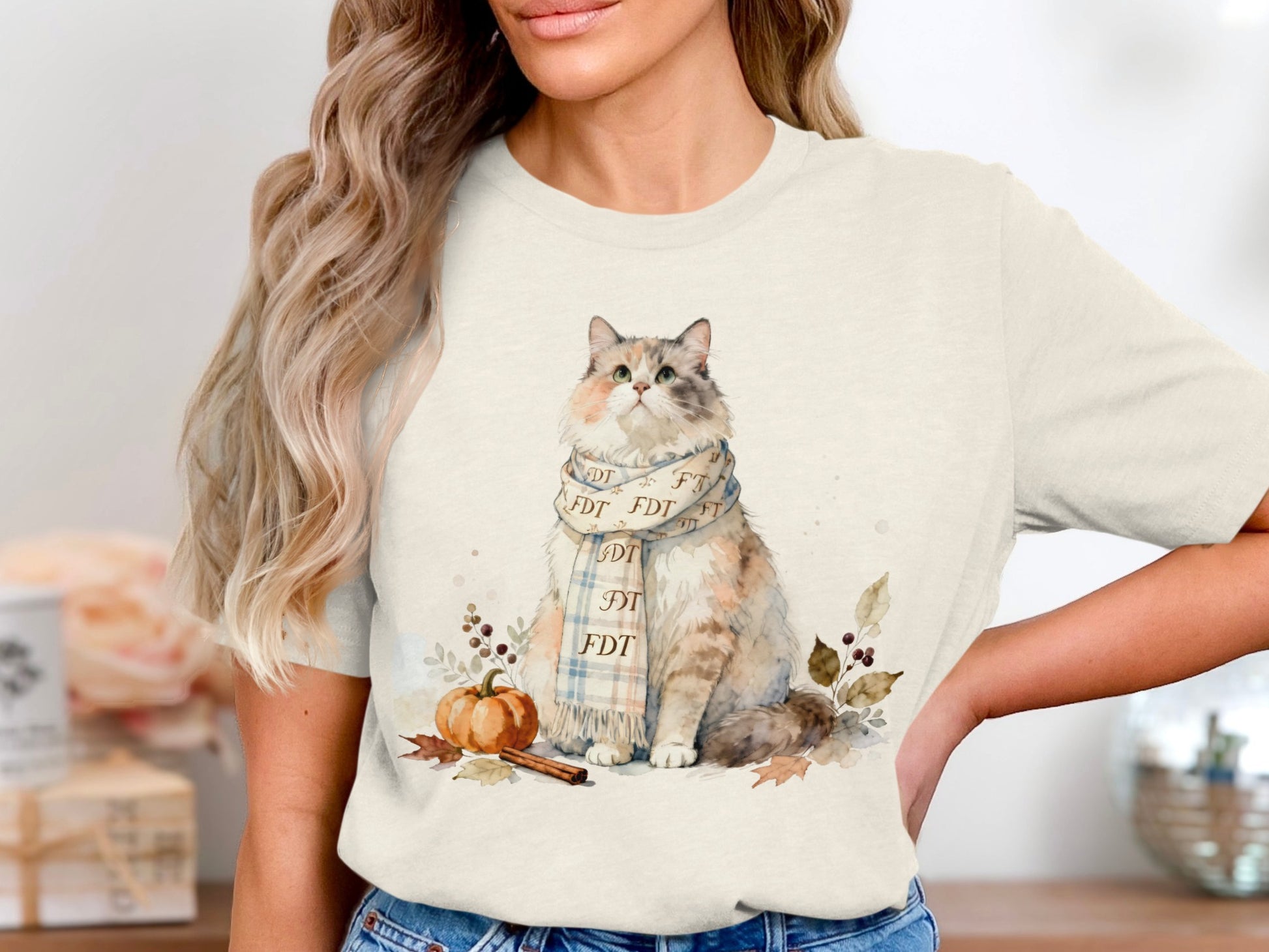 Cute Cat with Cozy Scarf Graphic Short Sleeve Shirt