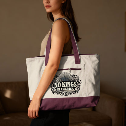 Canvas tote bag with "No Kings in America" text and crown graphic.