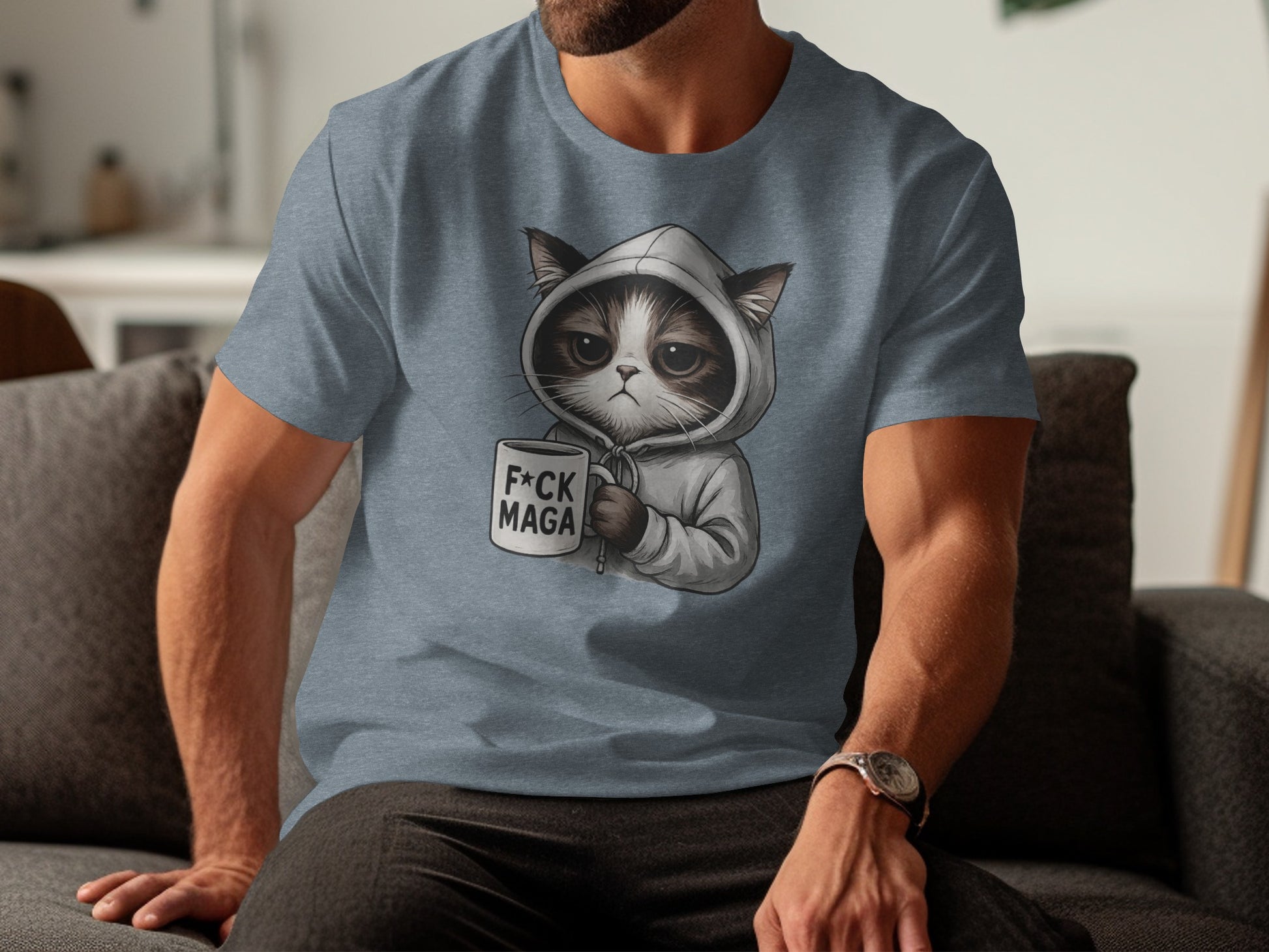Hooded Cat Fck MAGA Graphic Tee Shirt