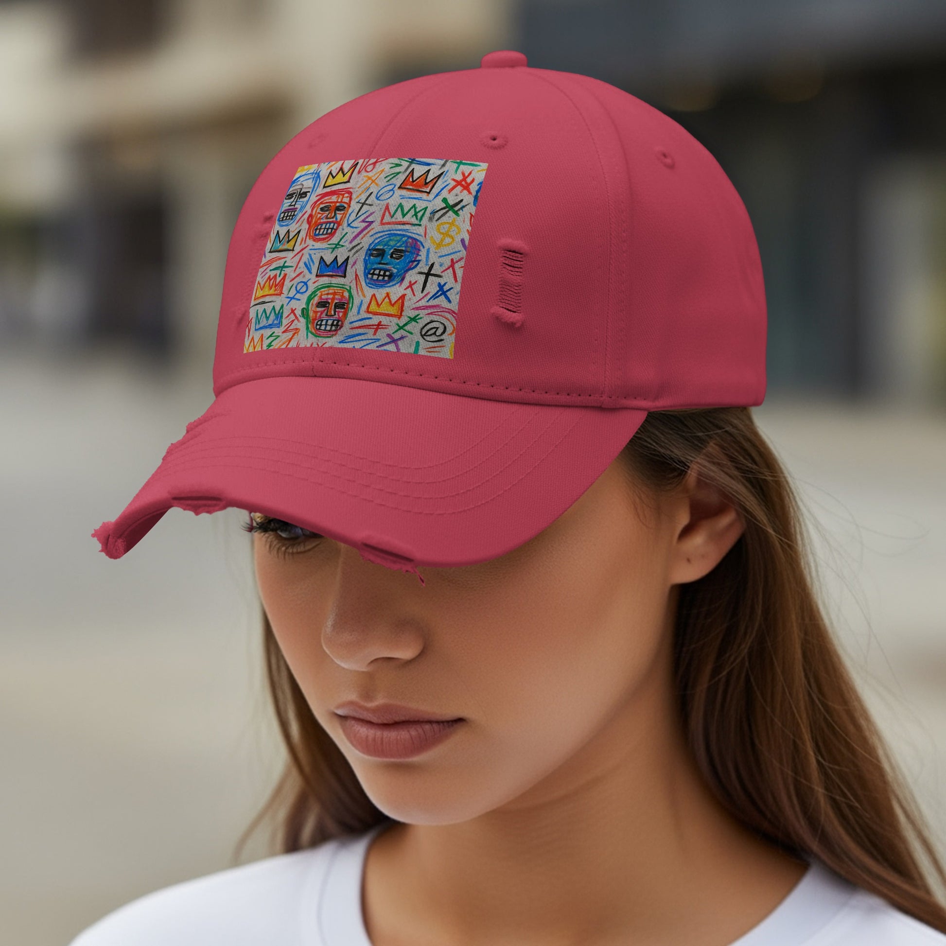 Vibrant red cap with colorful face art design product type