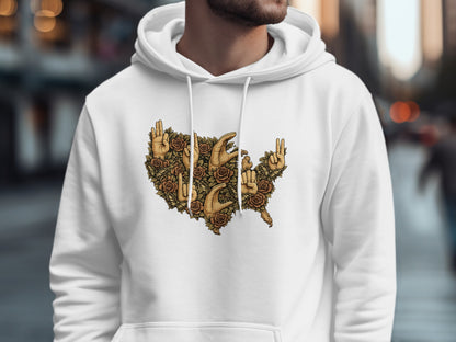 Unique Artistic Hand Sign Patterns on a Stylish Hoodie