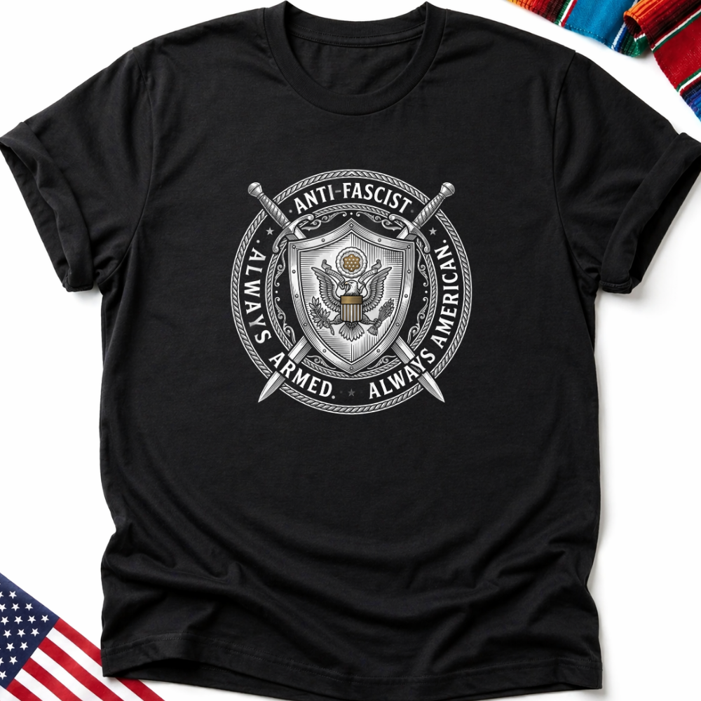 Black t-shirt with shield, eagles, swords, and "Always Armed, Always American" text.