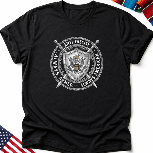 Black t-shirt with shield, eagles, swords, and "Always Armed, Always American" text.