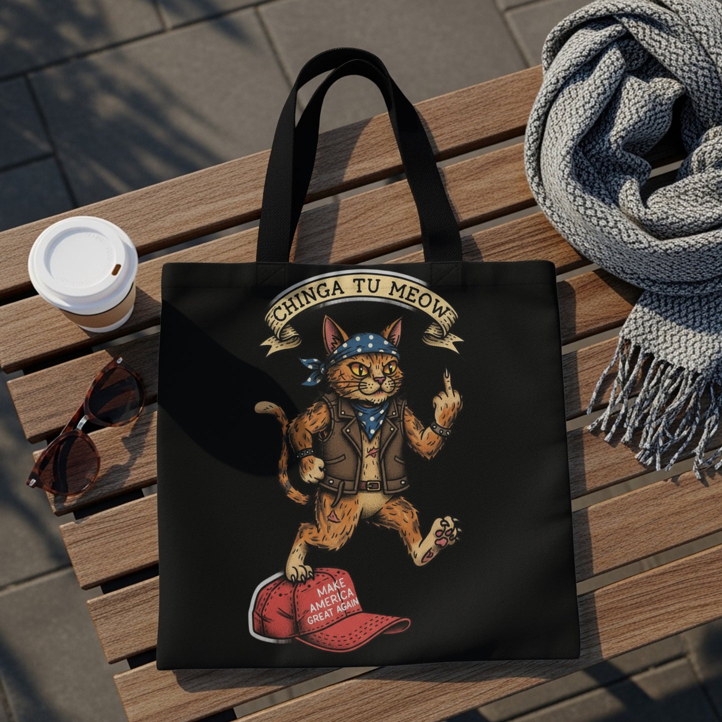 Black tote bag with a cartoon cat wearing a bandana and jacket, giving the middle finger on a red hat.
