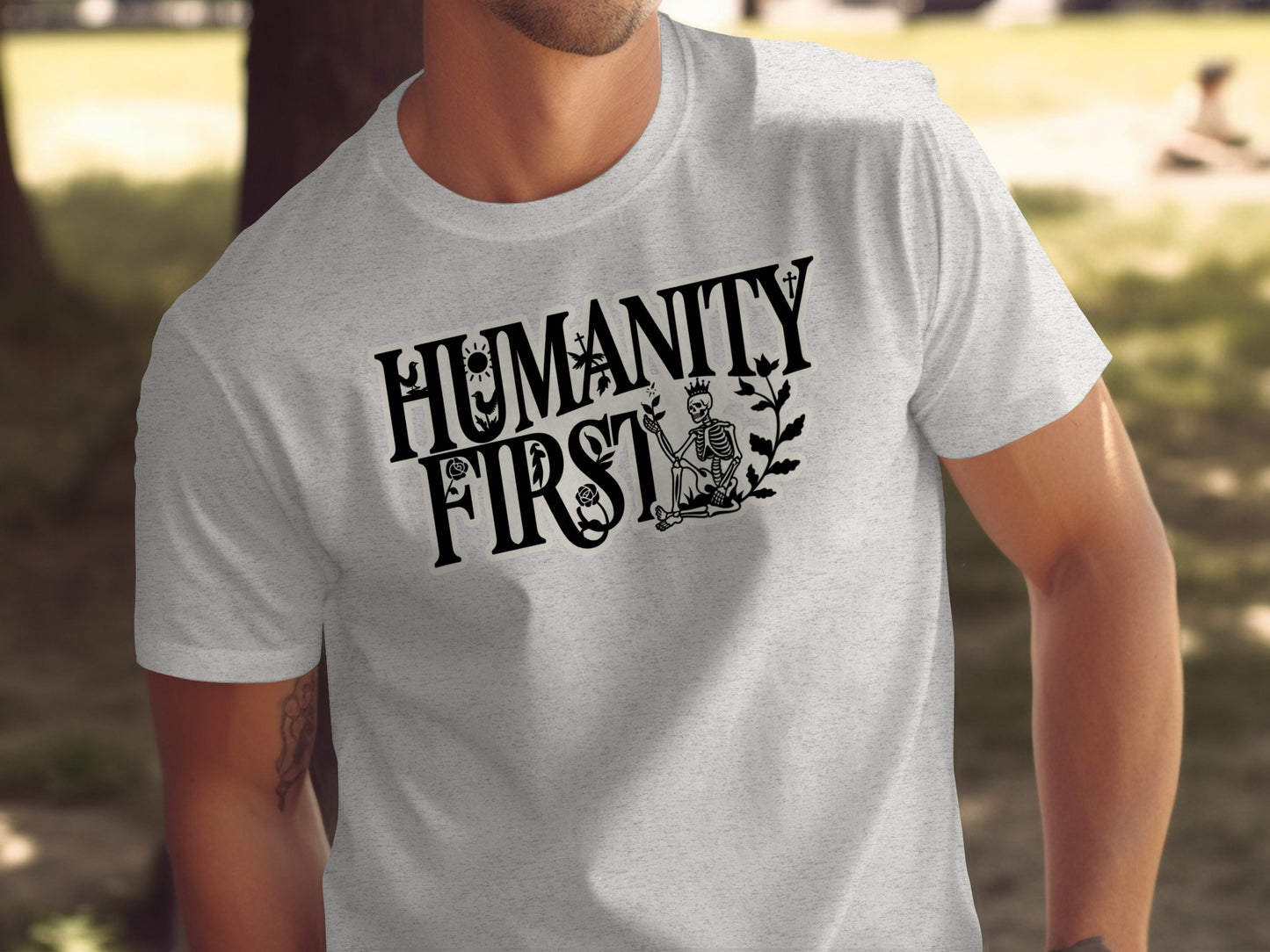 Humanity First Graphic Skeleton Design T-shirt