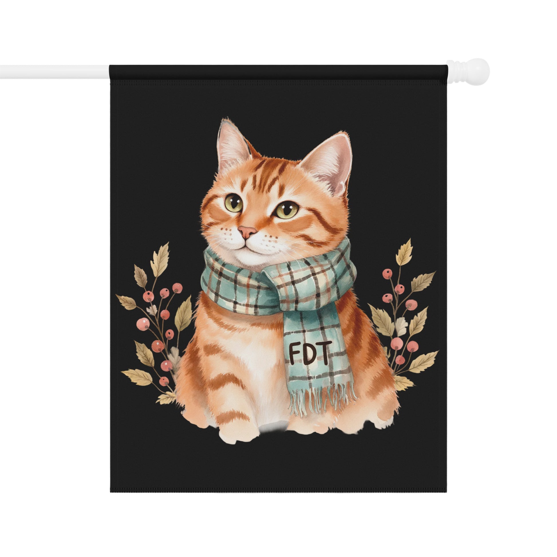 Cute Cat with Scarf on Black Background Wall Flag