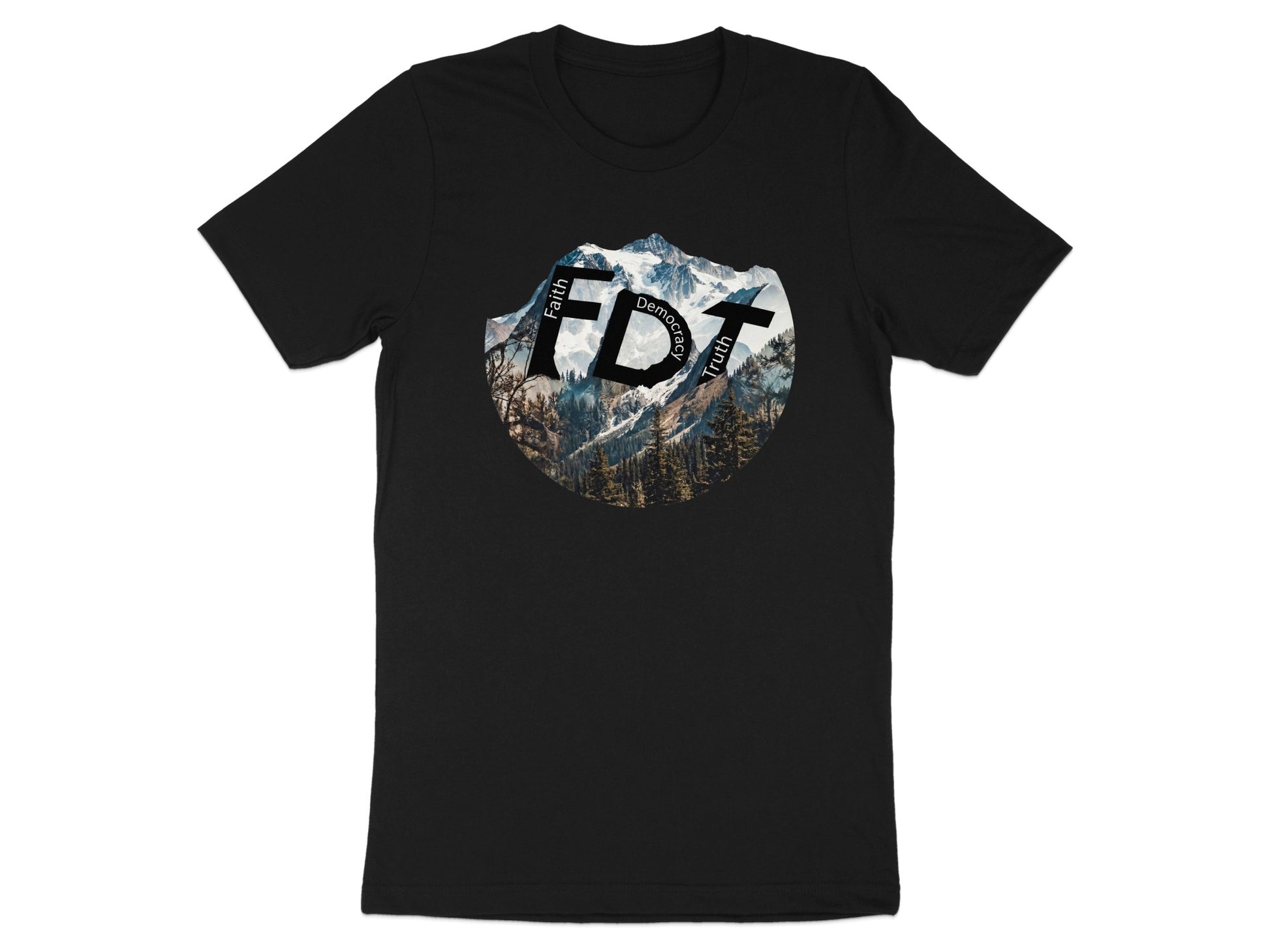 T-shirt with mountain landscape and text "FDET Faith Democracy Truth".