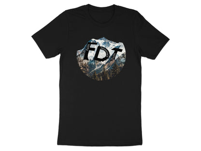 T-shirt with mountain landscape and text "FDET Faith Democracy Truth".