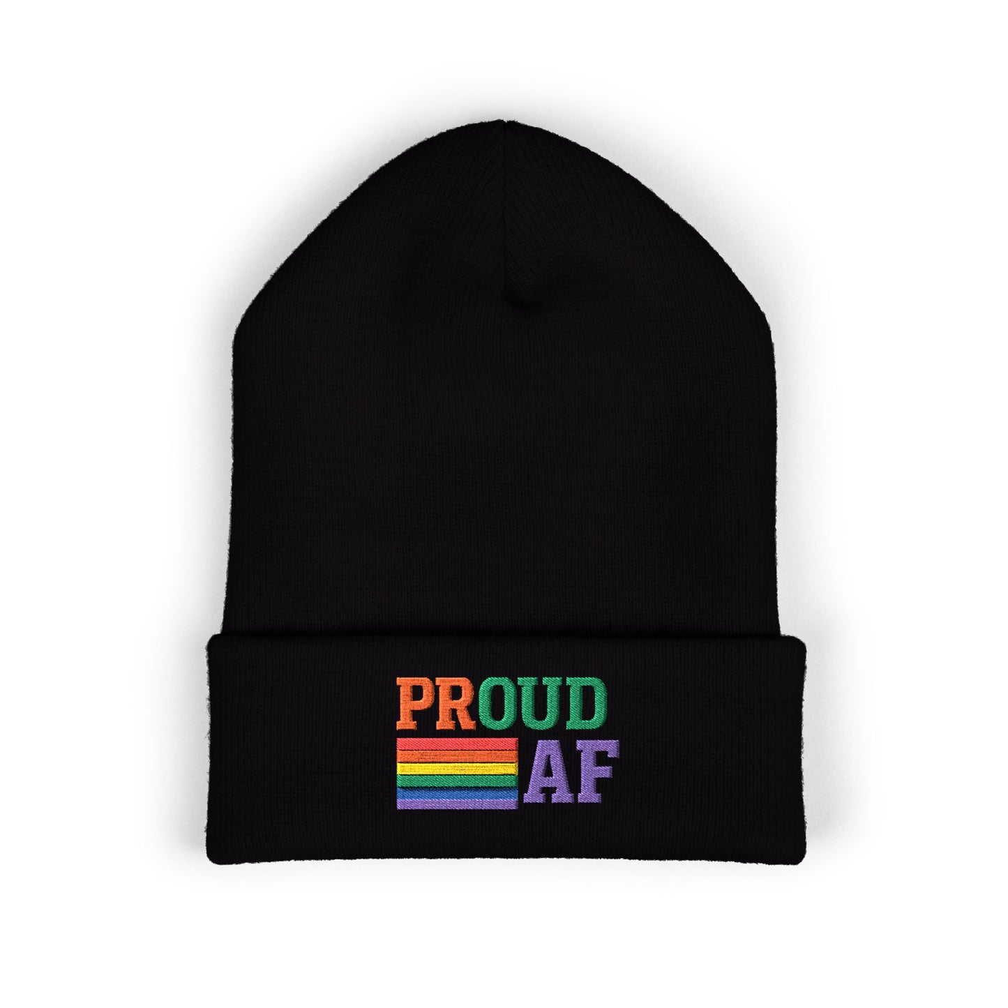 Proud AF Embroidered Beanie — Rainbow Pride Cuffed Hat