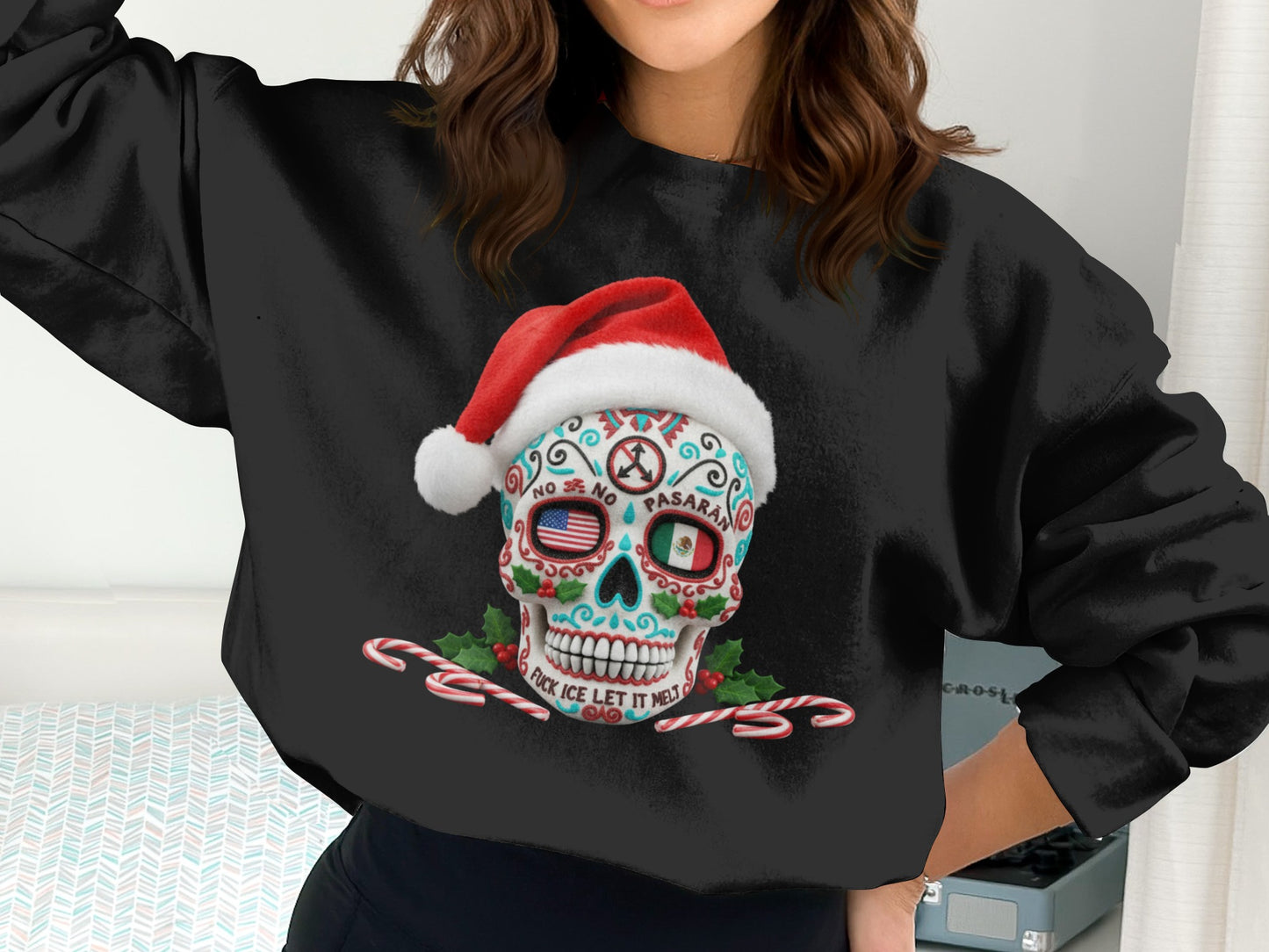 Festive Santa Skull Sweatshirt With Candy Cane Decor