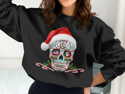 Festive Santa Skull Sweatshirt With Candy Cane Decor