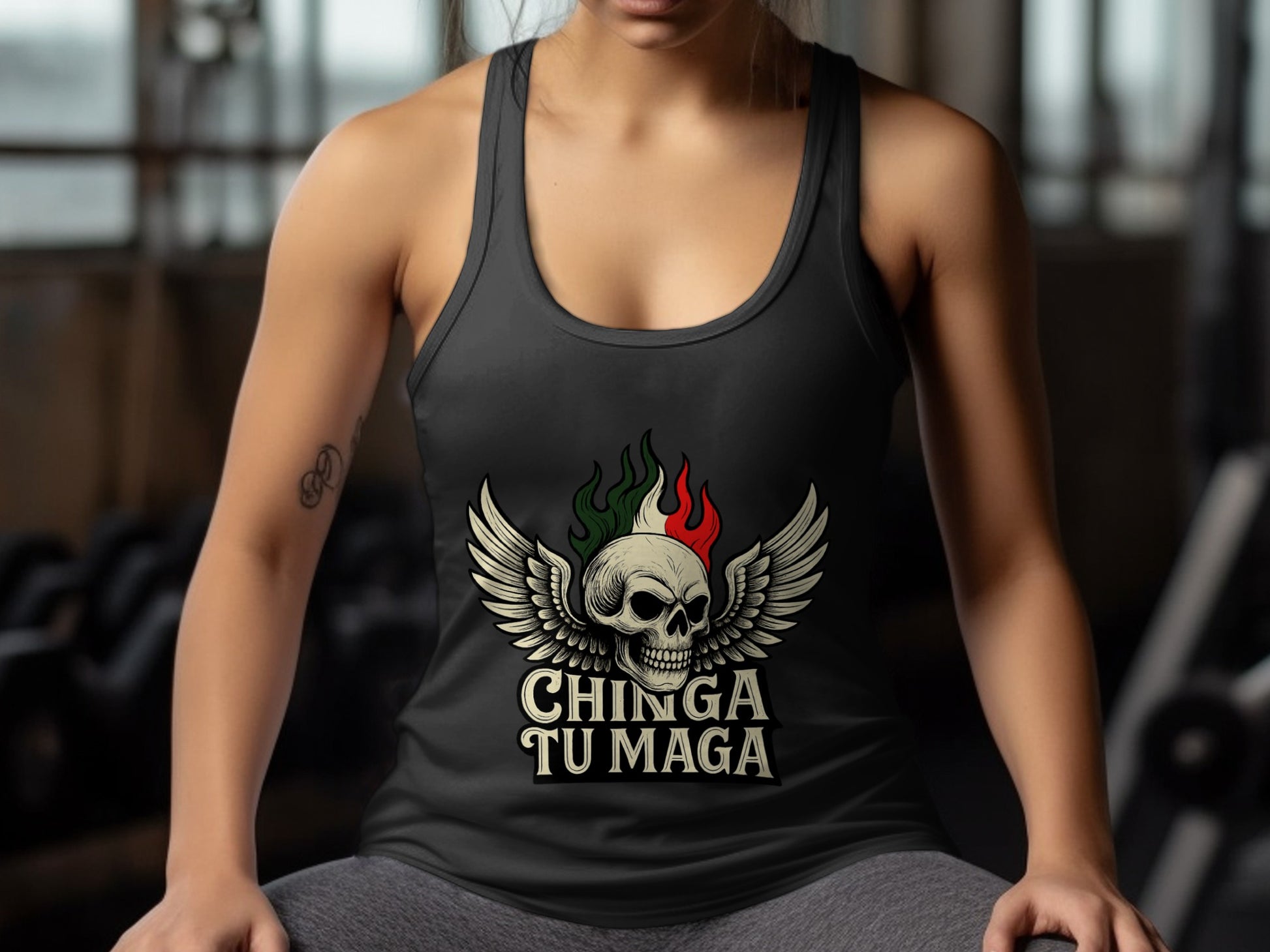 Chinga Tu Maga Skull Wing Design Graphic Tank Top