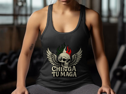 Chinga Tu Maga Skull Wing Design Graphic Tank Top