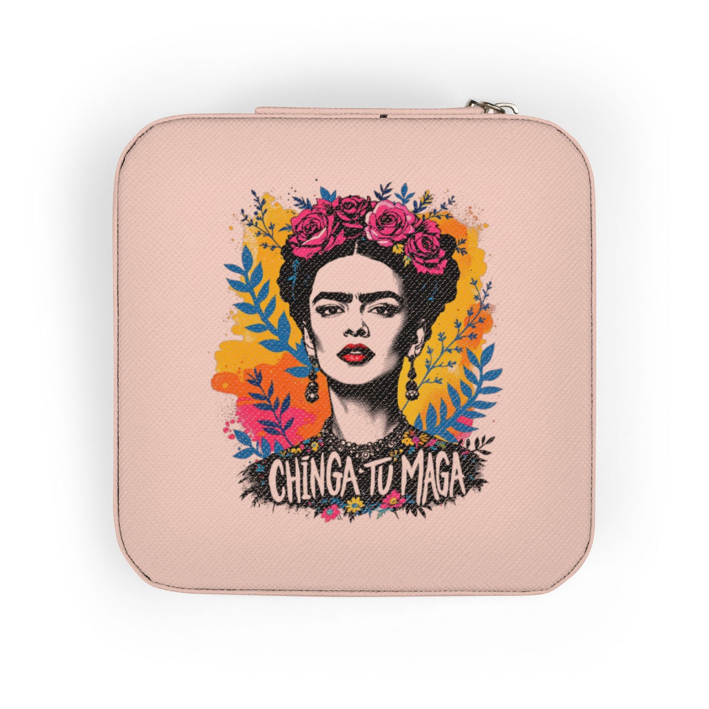 Frida Kahlo Floral Jewelry Travel Case – Compact Pink Organizer with Ring Rolls & Compartments